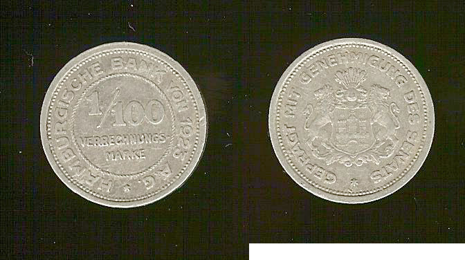 AllemagneNotgeld Stadt Hamburg 1 Pfennig 1/100 Mark 1923 TTB+